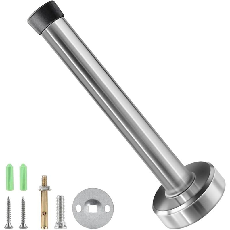 Tope de puerta de pared de acero inoxidable - 15 cm Tope de puerta de pared con tope de goma Fijación incluida (plata)