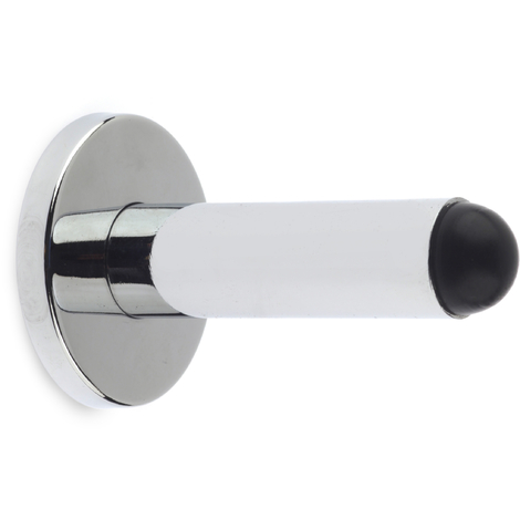 Tope de puerta para pared atornillable marca REI, fabricado en acero inoxidable, con acabado inox brillo y forma cilíndrica alargada