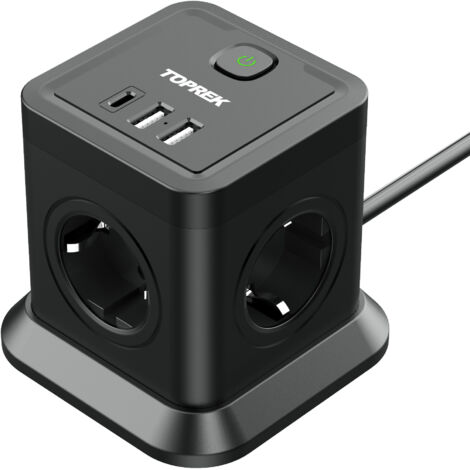 TOPEREK Multiprise, 4 prises, 1 port USB-C, 20 W, 2 ports USB, câble de 2 m, noire