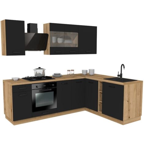 Topeshop – Ensemble de meubles de cuisine d’angle 240 x 180 cm – Finition noire et chêne – Plan de travail inclus – Sans électroménager