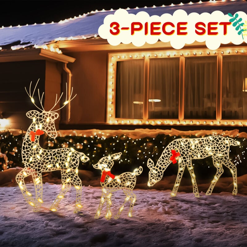 Rennes de Noël éclairés 3 pièces, Lumière Chaude led, Ensemble Familial de Rennes, Décoration de Table pour Extérieur-001 - Topiky