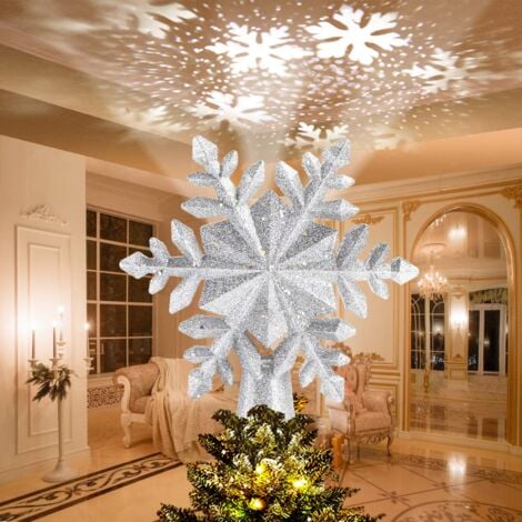 BEIJIYI Topper d'arbre de Noël, 3D Forme de Flocon de Neige Arbre de Noël Topper avec Projecteur de Flocon de Neige LED Rotatif, pour Noël, Décoration de Fête (Fiche UE, Flocon de Neige Argenté)