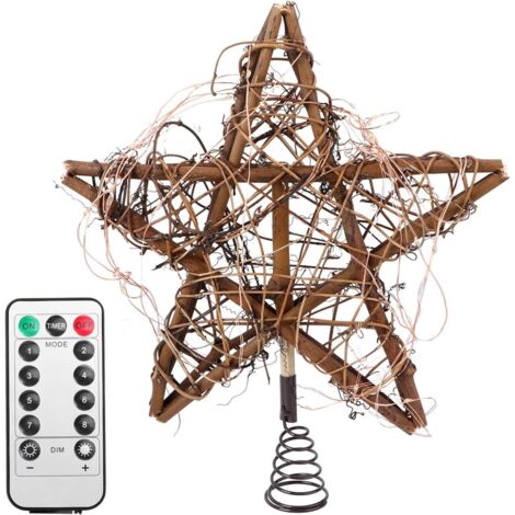 Topper de sapin de Noël en rotin illuminé avec des étoiles à cinq branches avec des guirlandes lumineuses Décorations de Noël Ornements de sapin de Noël pour décoration de maison de vacances de Noël B