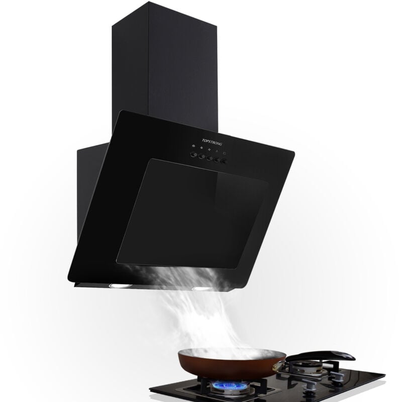 Topstrong Hotte Inclinee 60cm 350 m³/h 3 Vitesse Recyclage ou Evacuation Verre Noir-TV4760