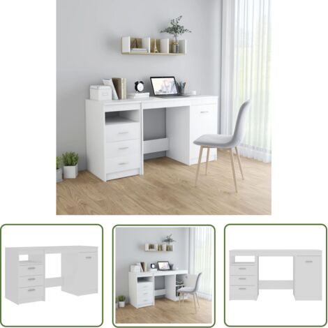 Torana – Bureau droit blanc 140x50x76 cm en aggloméré – 3 tiroirs et 1 porte – Espace de rangement optimisé – Facile à nettoyer