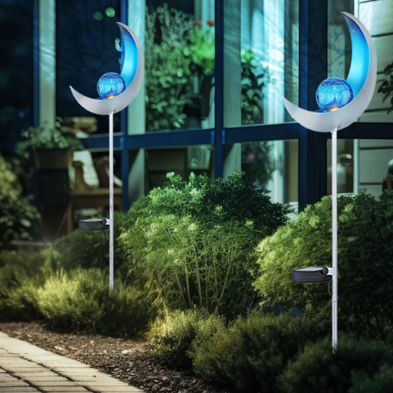 Image of Torce solari luna decorazione giardino giardino, lampada solare, luce solare esterna, effetto luce blu, vetro craquelé, IP44, led bianco freddo, h 90