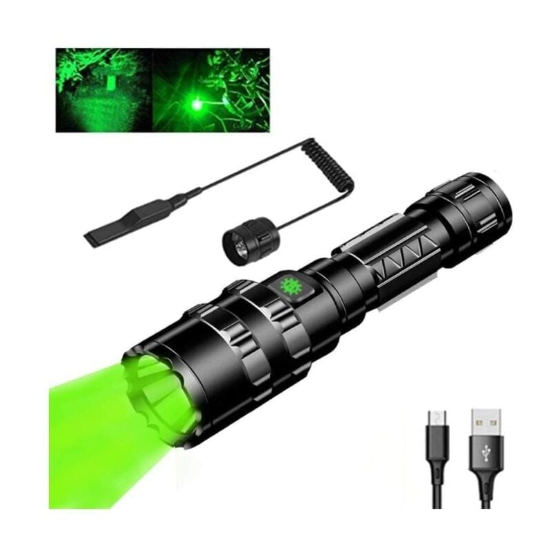 Torch, Green Hunting Torch, Green Light Torch 1000 Lumens 300 Meters Waterproof 5 Modes Tactical Torches (Black)-