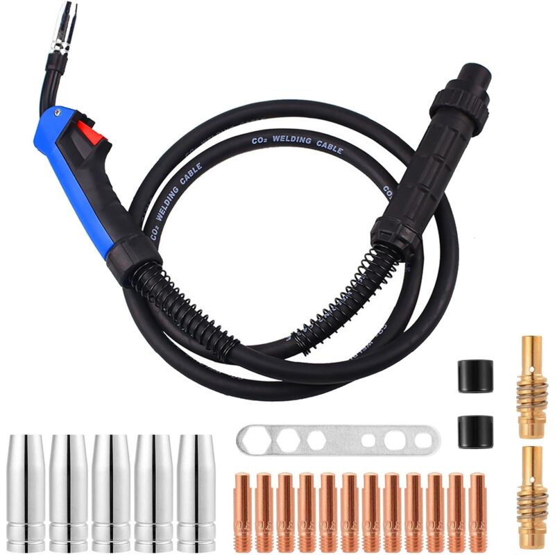 Torche à Souder Fil MIG MAG 15 AK de 4 Mètres avec 21Pcs Accessoires de Buse/Bouchon de Cône de Soudage pour Machine à Souder Semi-automatique avec