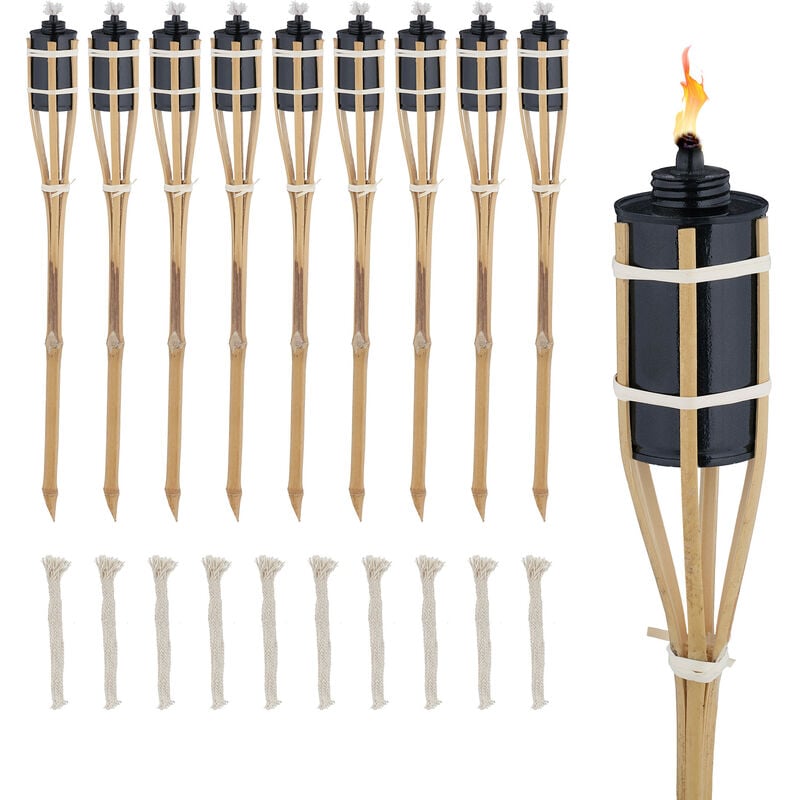 Torche de jardin en bambou, lot 10, décoration pour fête, avec mèches supplémentaires, 60x6 cm, nature - Relaxdays