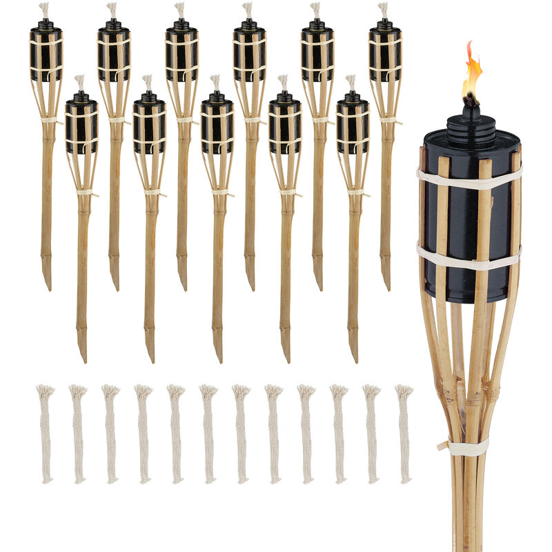 Torche de jardin en bambou, lot 12, décoration pour fête, avec mèches supplémentaires, 50x6 cm, nature - Relaxdays