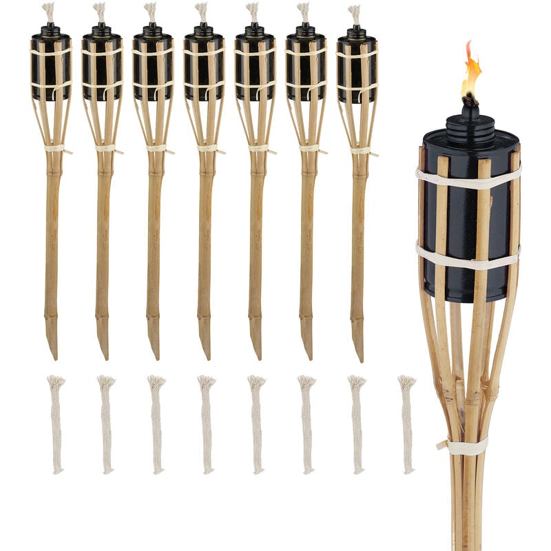Torche de jardin en bambou, lot 8, décoration pour fête, avec mèches supplémentaires, 50x6 cm, nature - Relaxdays