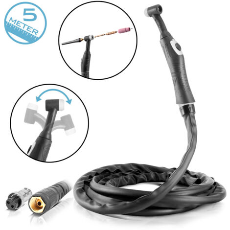 Torche de soudage STAHLWERK TIG WP-26 avec 5 mètres de tuyau jusqu'à 200A, refroidie au gaz, 2 broches, très flexible, poignée ergonomique