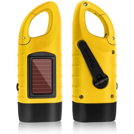 Torche dynamo avec manivelle jaune, mini lampe torche LED rechargeable, lampe solaire de survie avec mousqueton pour camping, escalade, randonnée, camping [Classe énergétique G]