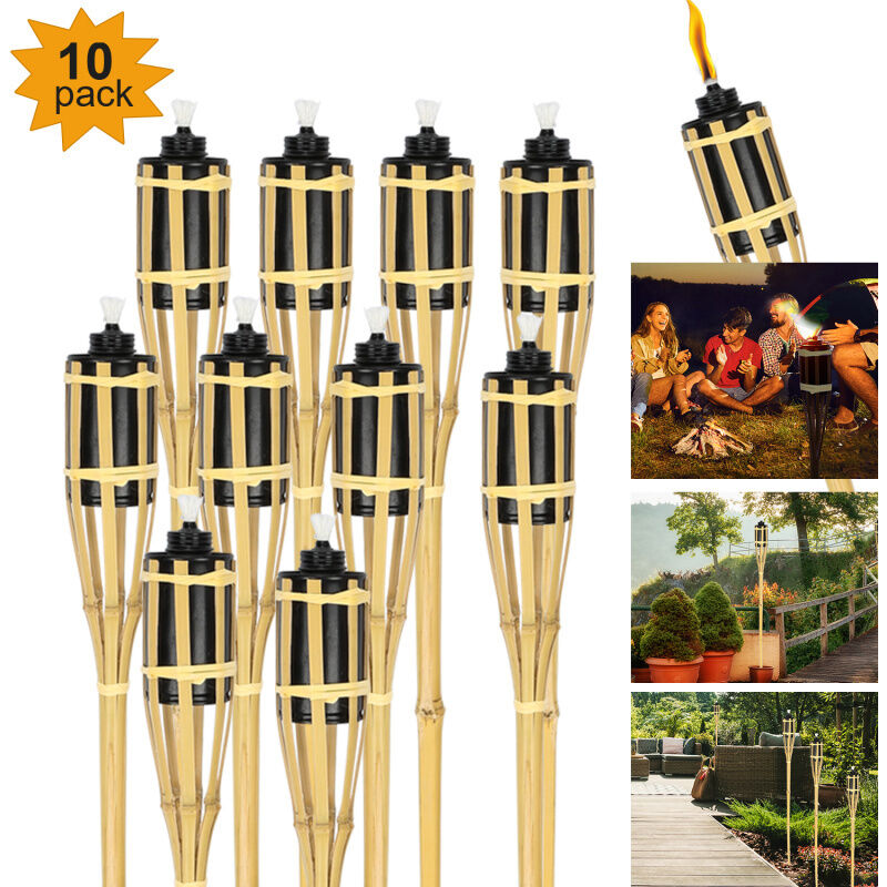 Torche jardin,bambou, lampe huile pour dehors, avec mèches de rechange, hauteur : 90 cm, nature lot de 10