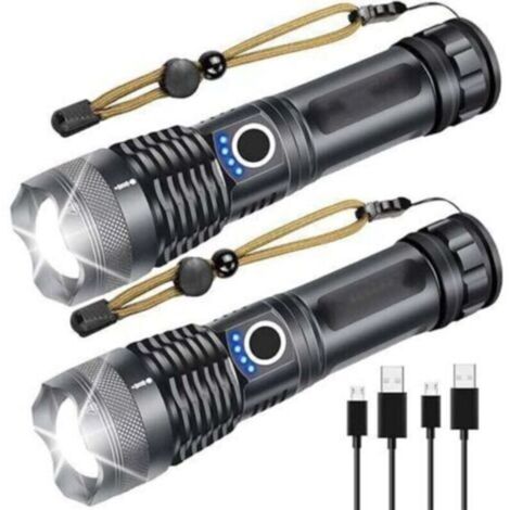 Torche Lampe de Poche LED 2 Pack, XHP50 USB Rechargeable Lampe Torche IPX4 Étanche, 5 Modes Eclairage, Lampe de Poche Zoom télescopique pour Camping, Randonnée, D'urgence [Classe énergétique A+++]