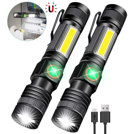 Torche Lampe de Poche LED USB Rechargeable (Pile Rechargeable incluse & Magnétique au Bas)Puissante Militaire Lampe COB Portable Zoomable Torche