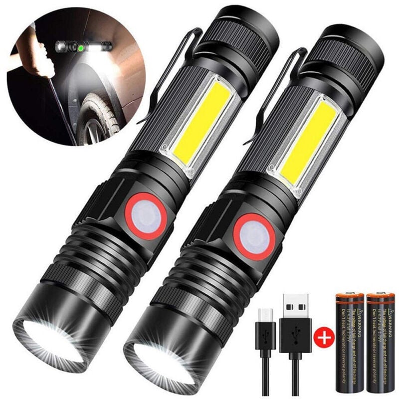 Torche Lampe de Poche, led usb Rechargeable Puissante Lampe (Lot de 2) Portable Torche à L'eau 4 Modes Flashlight pour Camping, Randonnée, Pêche