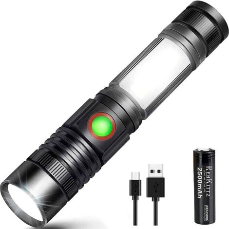 Torche Lampe de Poche LED USB Rechargeable Puissante Militaire Lampe COB Portable Zoomable Torche pour Auto Garage Atelier Camping Bricolage (Pile Rechargeable incluse & Magnétique au Bas),