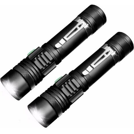 Torche Lampe de Poche,Rechargeable Lampe Torche Led Puissante 600LM Etanche Zoomable, 4 Modes Intensité Ajustable pour Camping Randonnée 18650 Batteries Incluse 2 Pcs
