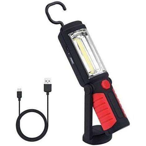 Torche LED rechargeable mains libres Lampe de travail LED 2 en 1 pour camping/randonnée/voiture/garage/atelier, deux modes d'éclairage, rouge