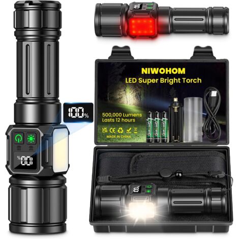 Torche LED Ultra Puissante,  Lampe Torche Rechargeable avec Batterie , 9 Modes D'éclairage Zoomable, Base Magnétique, IP67 Étanche, pour Camping Randonnée Pêche
