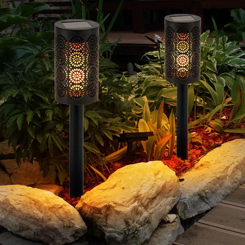 Torche solaire, lampe d'extérieur, lampe de terrasse, lampe à brancher avec perforations décoratives, batterie intégrée, effet feu, noir, 1x led, DxH