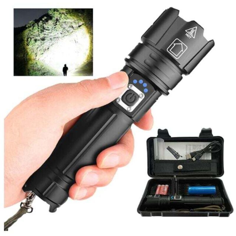 Torches led Super Bright P70 30000-100000 Lumens, Lampe torche led rechargeable XHP70.2, Lampe de poche tactique avec étui, Lampe torche puissante