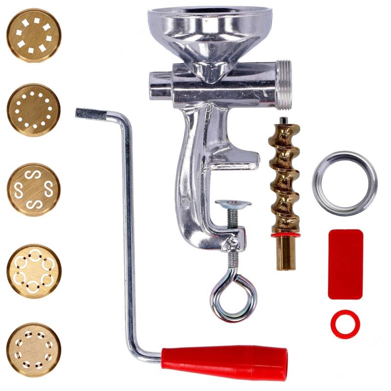 Image of Torchio per Pasta Fresca con Ghiera in Alluminio e 5 Trafile in Ottone per Spaghetti, Maccheroni, Bucatini, Caserecce e Chitarra Pasta Maker