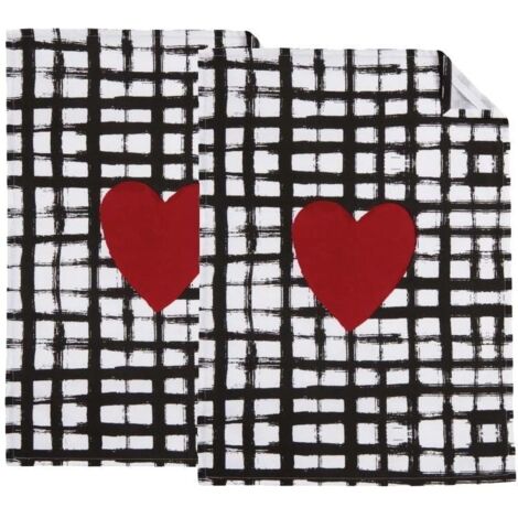 Torchon de cuisine en coton (Lot de 2) Coeur noir blanc rouge
