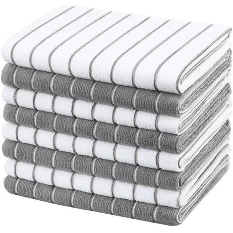 Torchons de Cuisine - 8 pièces - Microfibre - Absorbants - Rayés Gris et Blanc