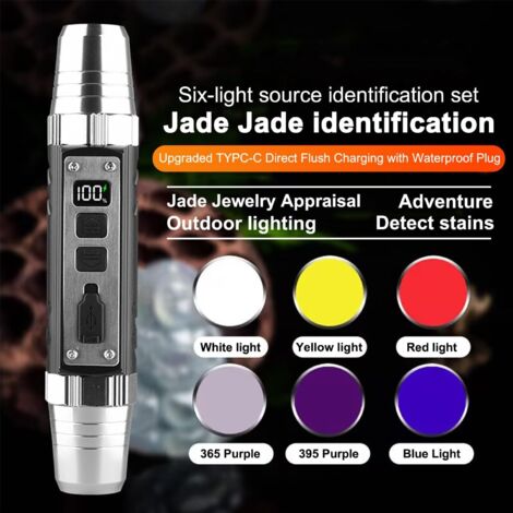 Torcia a 6 LED, lunghezza focale zoomabile, 6 in 1, indicatore di carica, rilevamento gioielli, uso esterno, osservazione, campeggio e uso di emergenza