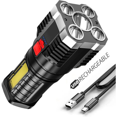 Torcia a LED COB 5 ad alta potenza, ricaricabile tramite USB, portatile, per esterni, con batteria integrata (1 pz)