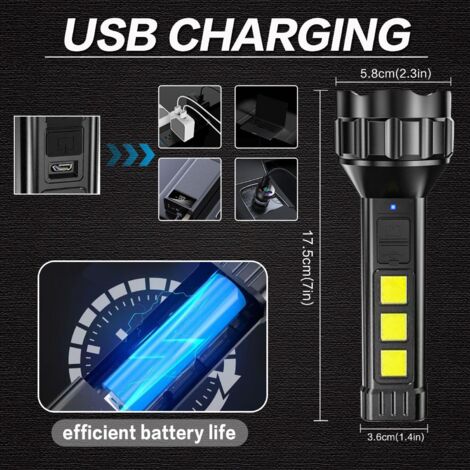 Torcia a LED con luce potente, 4 modalità ricaricabili, con luci laterali, modalità COB, forte dissipazione del calore, batteria integrata, adatta per campeggio e pesca