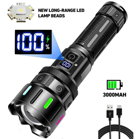 Torcia a LED con zoom, ricaricabile e indicatore di carica - torcia + cavo di ricarica USB.