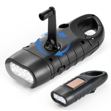 Torcia a manovella 3 in 1 - Senza batterie, autoricaricabile - LED a clip - Illuminazione di emergenza per il campeggio (Nero)