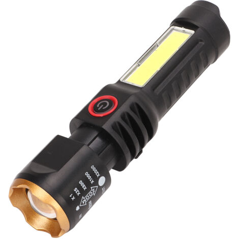 Torcia elettrica retrattile da esterno, potente e a lungo raggio, ricaricabile tramite USB-C, ideale per campeggio ed escursionismo, con anello nero e oro.