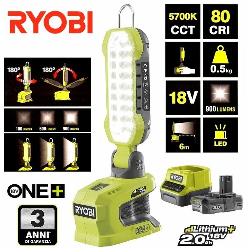 Image of Torcia lampada a led per aree di lavoro a batteria 18V - 2.0Ah 900 lumen Ryobi