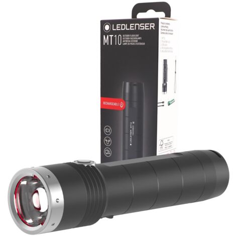 Torcia LED Lenser MT10 - Lampada tascabile a LED, resistente all'acqua IPX4, design nero e argento con pulsanti, potente e compatta