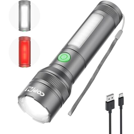Torcia LED ricaricabile ad alta luminosità con luce laterale di emergenza rossa, 6 modalità, corpo in alluminio con zoom, torcia portatile più luminosa