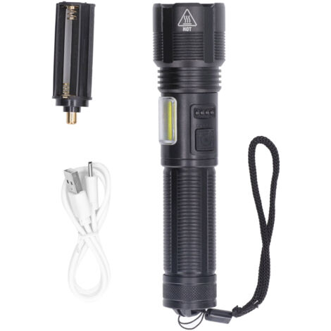 Torcia LED ricaricabile tramite USB, alta luminosità, impermeabile IPX4, con zoom, portatile, ideale per campeggio, escursionismo e ciclismo in caso di emergenza.
