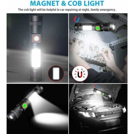 Torcia LED ricaricabile tramite USB, torcia COB super luminosa e impermeabile con zoom regolabile, potente messa a fuoco tattica