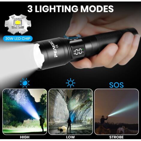 Torcia LED ultra potente 100000 lumen, torcia ricaricabile tramite USB, potente torcia a lungo raggio, impermeabile IP65 per campeggio, escursionismo, emergenza