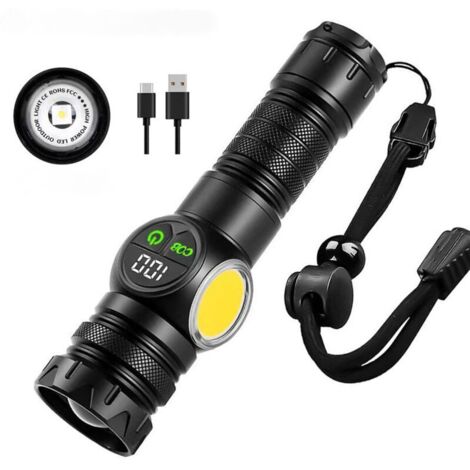 Torcia LED ultra potente, torcia ricaricabile da 2000 lumen, torcia magnetica con display digitale LCD, luci laterali COB, 9 modalità di illuminazione, per campeggio ed emergenze