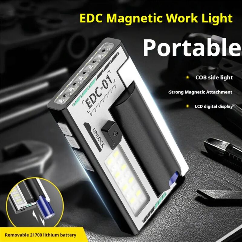 Torcia magnetica portatile a 5 LED con batteria 21700 ricaricabile tramite USB, display digitale, luci di avvertimento rosse e blu, luce di ispezione