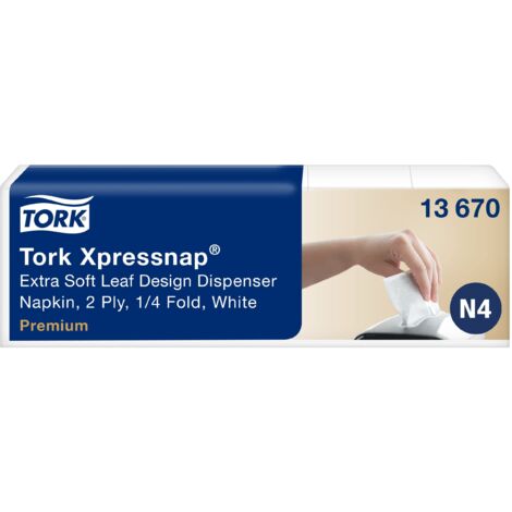Tork 13670 Tovaglioli intercalati Extra Soft per dispenser Xpressnap Premium, sistema N4, 2 veli, 8 pacchi x 500 tovaglioli (4000pz), 21,3 cm (lungh.) x 33 cm (largh.), motivo a foglie, bianco