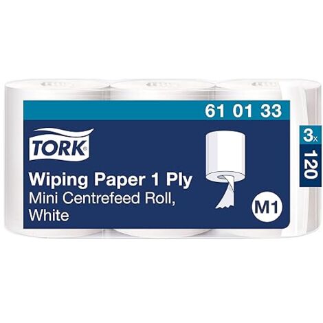Tork Bobine de Papier d Essuyage devidage Central blanc M1, essuyage mains et surfaces, 3 x 120 m, 610133