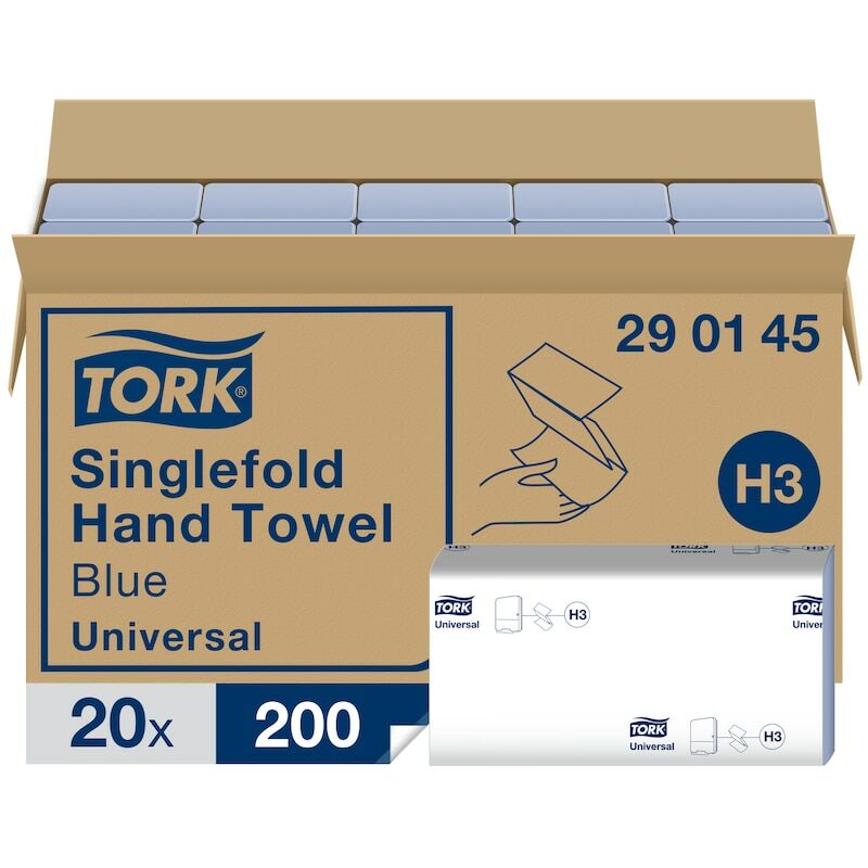 Essuie-mains pliés en v bleus H3, Universal, traçables, 20 x 200 feuilles, 290145 - Tork