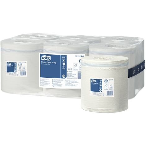 Tork Papier d’Essuyage Basic pour Distributeur à Dévidage Central blanc M2, Papier d'essuyage multi-usages, 6 x 121,5 m, 121208