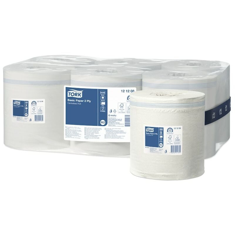Tork Papier dââ'â"¢Essuyage Basic pour Distributeur à Dévidage Central blanc M2, Papier d'essuyage multi-usages, 6 x 121,5 m, 121208
