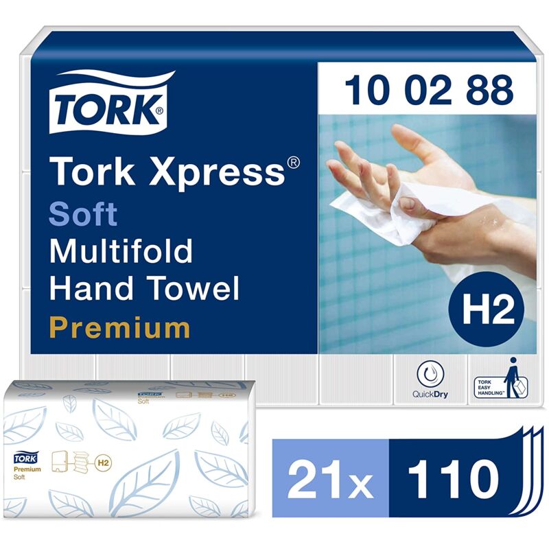 Xpress Essuie-mains interfolies doux blancs H2, Premium, 2 plis, QuickDry, 21 x 110 feuilles, 100288 - Tork